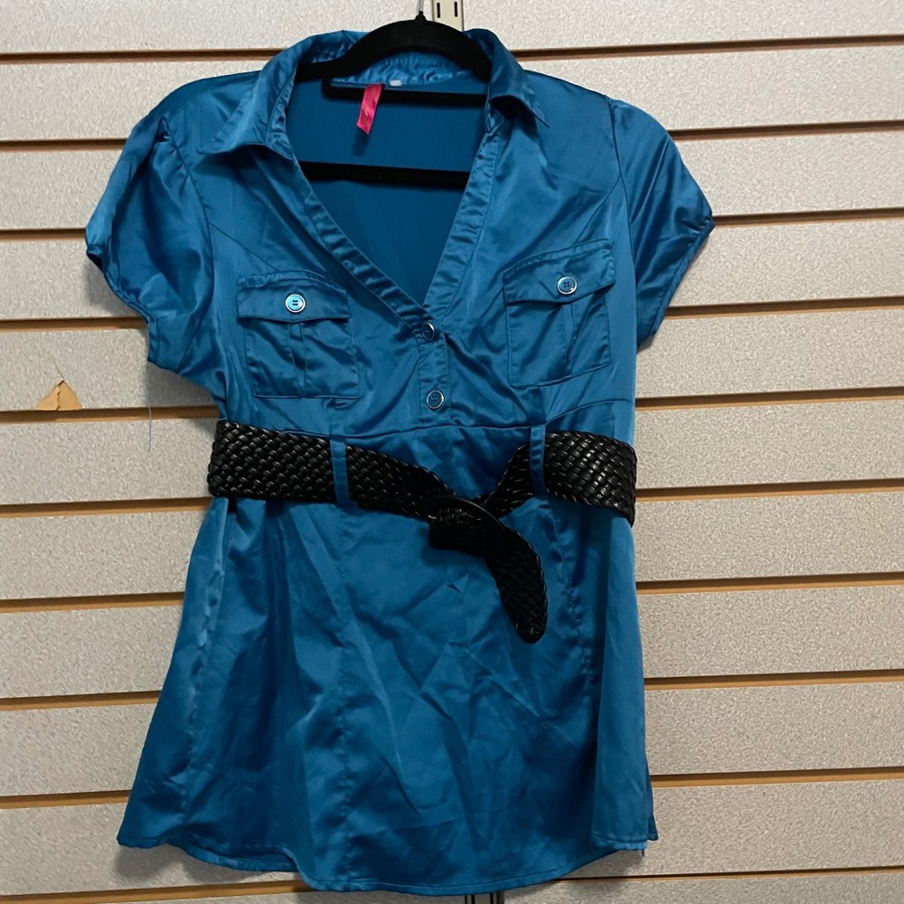 Heart & Soul Teal‎ Blue Button Front Shirt Dress With Belt Short Sleeve Women S